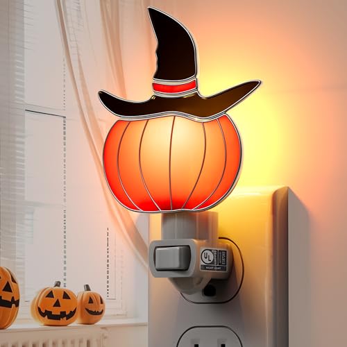 Stained Glass Witch Hat Night Lights Plut in Wall Halloween Decor - color: Witch Hat