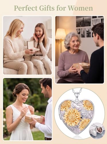 Poiuy Photo Locket Necklace for Women, Heart Picture Pendant Photo Necklace Jewelry Christmas Memorial Birthday Gifts for Women Daughter Mom - color: Sunflower Locket Necklace