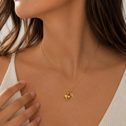 Gold Heart Urn Necklace for Ashes, Gold Stainless Steel Cremation Jewelry with Angel Wing Charm, Waterproof Memorial Keepsake Pendant, 22 Inch Chain with Lobster Clasp & Filling Funnel