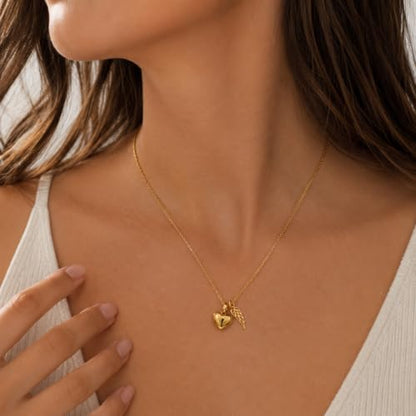 Gold Heart Urn Necklace for Ashes, Gold Stainless Steel Cremation Jewelry with Angel Wing Charm, Waterproof Memorial Keepsake Pendant, 22 Inch Chain with Lobster Clasp & Filling Funnel