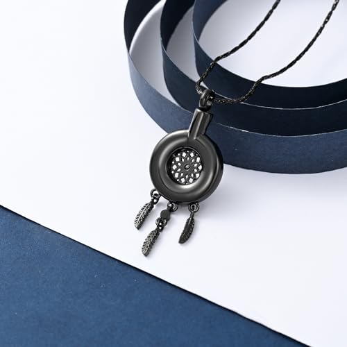 constantlife Circle of Life Dreamcatcher Cremation Jewelry for Ashes Stainless Steel Crystal Pendant Urn Necklace Keepsake Human Pet Memorial Gift for Women Men - color: Black-Blue