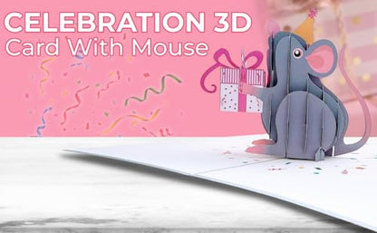 Gifts And Cards Happy Mouse Birthday Party Hat Gift 3D Pop-Up Card 6"x8" | Best Wishes, Congratulations, Cheerful Animal Lovers Presents, Feliz Cumpleaños, Friend, Daughter, Son, Festive Keepsake - color: Mouse Birthday