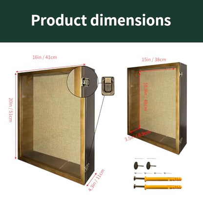 16x20 Shadow Box Frame with Polished Plexiglass, Deep Shadow Box Frame with Hinged Door,Hinged Door, with 4/3" Usable Depth,100% Solid Wood - color: Brown