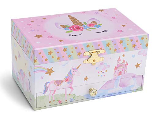 Jewelkeeper Jewelry Box for Girls with Drawer - Spinning Unicorn Doll to The Beautiful Dreamer Tune Music Box - Little Girls' Jewelry Set Includes Unicorn Bracelet and Necklace - 5Dx7Wx4H Inches
