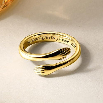 LOVECOM S925 Sterling Silver Hug Rings for Women Teen Girls Mother Daughter - color: Gold-My Heart Hugs You Every Moment, size: US Size 8
