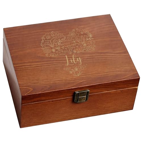 shop4ever Custom Wooden Keepsake Box, Flower Heart Name Design, Storage | Safely Store Items, Anniversary, Wedding Idea, Wood Box With Lid, Valentines Day Present, Home Decor