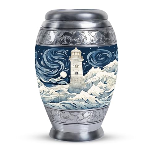 Aluminum Light House Design Blue Marble Cremation Urn - Small Urn for Human | Lighthouse Urn - Full Size Cremation Urn – Adult Urns for Men Women – Ocean Blue Funeral and Memorial Urns for Human Ashes - color: Unique Light House Ashes