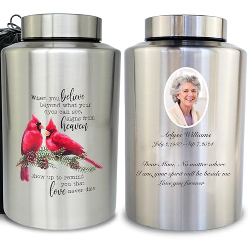 Large Customized Cremation Urns for Human Ashes, Cardinal Pattern | Full Size 220 lbs Capacity, Stainless Steel, Laser Engraving Name & Photo, For Adult Female & Male, Sealing Well & Durable - color: Cardinal-silver, size: Large 220 lbs - Personalized