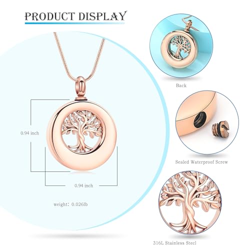 Hearbeingt Tree of Life Urn Necklaces for Ashes Circle Cremation Jewelry - color: A-Rose Gold