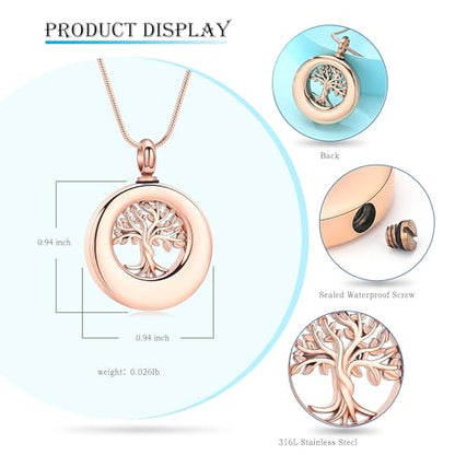 Hearbeingt Tree of Life Urn Necklaces for Ashes Circle Cremation Jewelry - color: A-Rose Gold