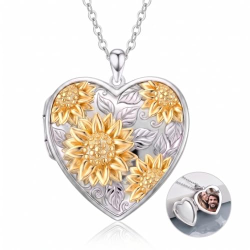 Poiuy Photo Locket Necklace for Women, Heart Picture Pendant Photo Necklace Jewelry Christmas Memorial Birthday Gifts for Women Daughter Mom - color: Sunflower Locket Necklace