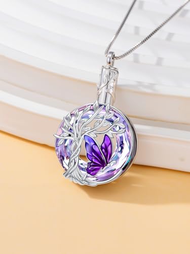 TOUPOP Butterfly Necklace for Women 925 Sterling Silver Tree of Life Butterflies Dragonfly Hummingbird Pendant Necklaces Crystal Jewelry Anniversary Christmas Birthday Gift for Her - color: Butterfly Purple - Urn