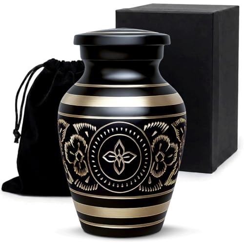 Small Urns for Human Ashes – Brass Hand-Engraved Funeral Keepsake with Elegant Black Finish – Mini Cremation Memorial for Mom, Dad & Loved Ones - color: Black
