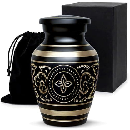 Small Urns for Human Ashes – Brass Hand-Engraved Funeral Keepsake with Elegant Black Finish – Mini Cremation Memorial for Mom, Dad & Loved Ones - color: Black