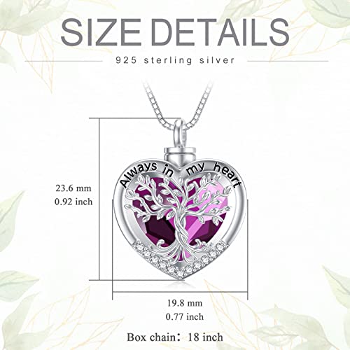 TOUPOP Tree of Life Urn Necklaces for Ashes 925 Sterling Silver Heart Cremation Jewelry Memorial Keepsake Jewelry with Funnel Filler for Women Men - color: B-Heart Tree of Life-Purple Crystal