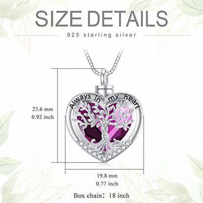 TOUPOP Tree of Life Urn Necklaces for Ashes 925 Sterling Silver Heart Cremation Jewelry Memorial Keepsake Jewelry with Funnel Filler for Women Men - color: B-Heart Tree of Life-Purple Crystal