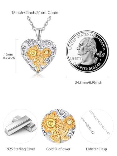TANGPOET Heart Locket Necklace for Women 925 Sterling Silver Photo Locket Holds Two Pictures Inside Memorial Keepsake Jewelry Gifts for Mothers Day Birthday Christmas - style: B01-Sunflower