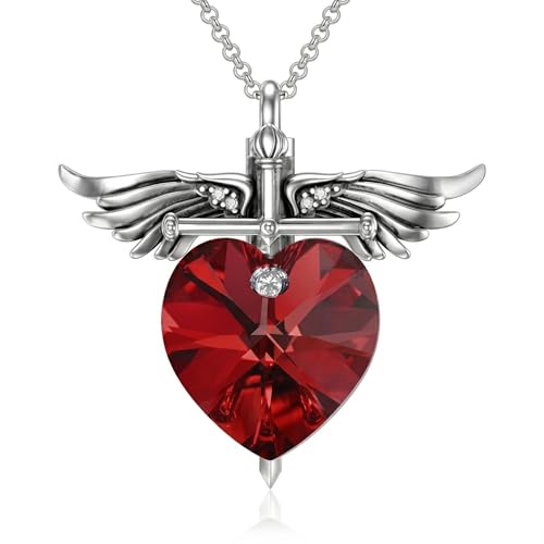 SOULMEET Memorial Wings Necklace for Ashes with Large Heart Crystal Birthstone, Angel Wings Urn Necklaces with Heart Shaped Birthstone Keepsake Silver Cremation Jewelry - style: A-January