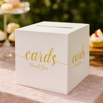 White and Gold Card Box for Party Graduation, Baby Bridal Shower, Birthday, Funeral, Wedding 7.8 x 7.8 x 7.8 In Gift Card Holder Box for Reception Raffle Voting Box with Slot - color: WhiteGoldTks