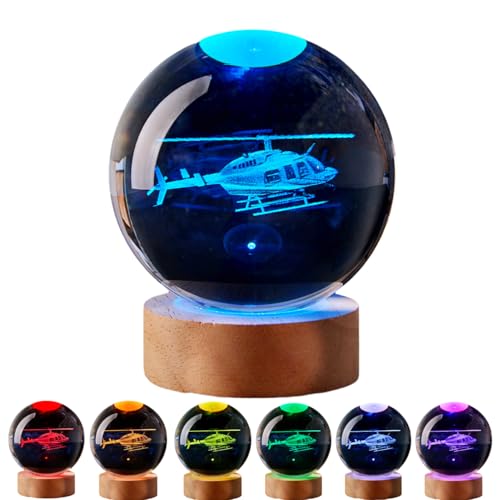 Large Helicopter Crystal Ball Night Light with Woodern Base, 3D Airplane Crystal Lamp 16 Color Changing with Remote Control, Laser Engraved Plane Glass Ball Lamp, Room Decor (Helicopter) - style: helicopter