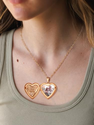 FindChic Locket Necklace for Women Custom Photo Memorial Gifts Multi-Shaped - color: Rose-Embossed Heart
