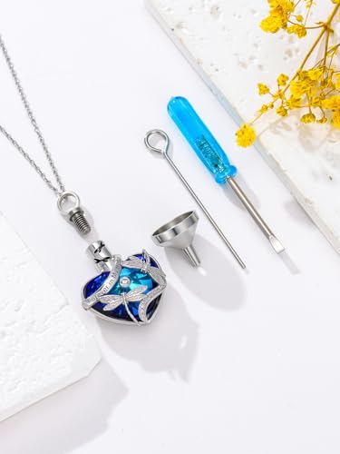 Urn Necklace for Women Sterling Silver Meaningful Memorial Jewelry | Paw Print/Butterfly/Dragonfly/Bird/Dolphin/Mountain/Tree of Life Urn Necklace for Ashes Cremation Keepsake Jewelry for Women - style: Heart-Dragonfly