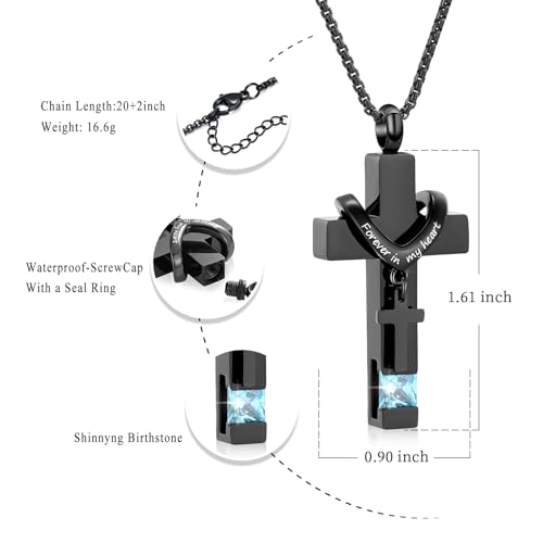 Oinsi Black Cross Urn Necklace For Ashes Of Loved Ones With Birthstone Always In My Heart Cremation Jewelry Keepsake Pendant Women Men - color: Light Blue Stone