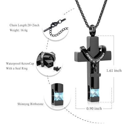 Oinsi Black Cross Urn Necklace For Ashes Of Loved Ones With Birthstone Always In My Heart Cremation Jewelry Keepsake Pendant Women Men - color: Light Blue Stone