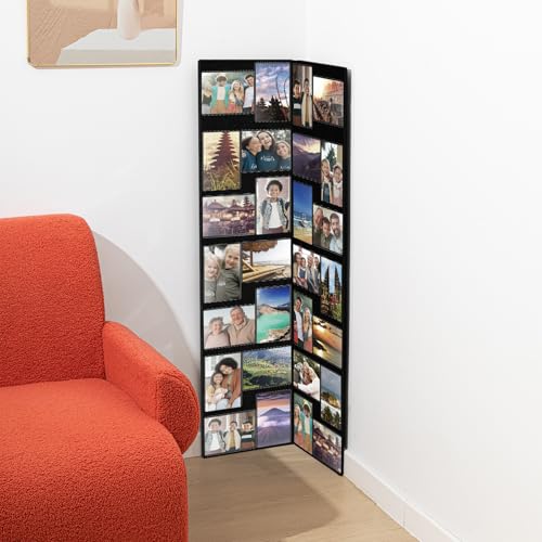 Qunclay Floor Standing Collage Photo Frame Decorative 32 Openings 3.6 x 5 Inch Hinged Folding Partition Screen Style Picture Frame Black Felt Multiple Collage Photo Display Board for Wall Corner