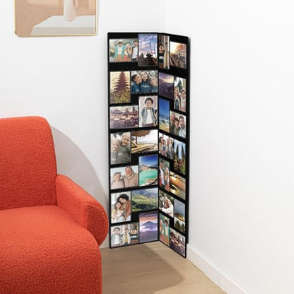 Qunclay Floor Standing Collage Photo Frame Decorative 32 Openings 3.6 x 5 Inch Hinged Folding Partition Screen Style Picture Frame Black Felt Multiple Collage Photo Display Board for Wall Corner