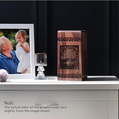 Tree of Life with Swirling Leaves Wooden Urn Box for Human Ashes - Large Wood Storage Urn - Ground Burial Urn - Resistant and Secure - Memorial Gifts - Funeral Urns - 11.25 Inches, Natural
