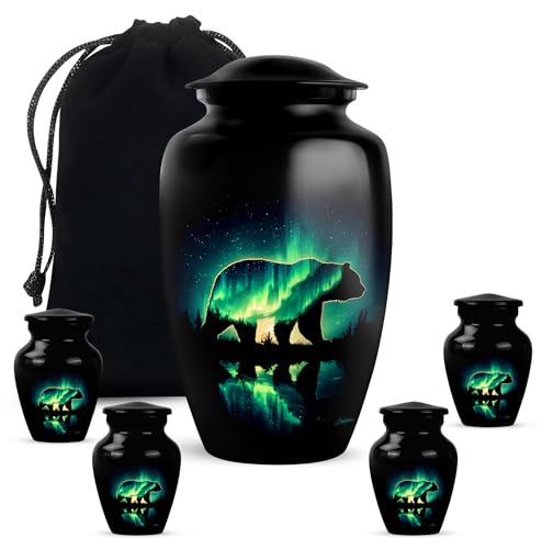 Polar Bear Aurora Borealis Large Cremation Urn for Ashes Adult Male, Ash Urns, Decorative Urn for Human Ashes Adult Man Women, Funeral Urns for Child (Combo 10 Inch & 3 Inch, Set of 5) - color: Keepsake Urns for Human Ashes, size: 10 INCH & 3 INCH