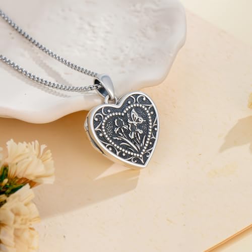 PELOVNY Birth Flower Locket Necklace for Women 925 Sterling Silver Flower Butterfly Heart Photo Locket Pendant Birthday Christmas Jewelry Gifts for Mom Daughter Wife Sister - color: 02-Iris