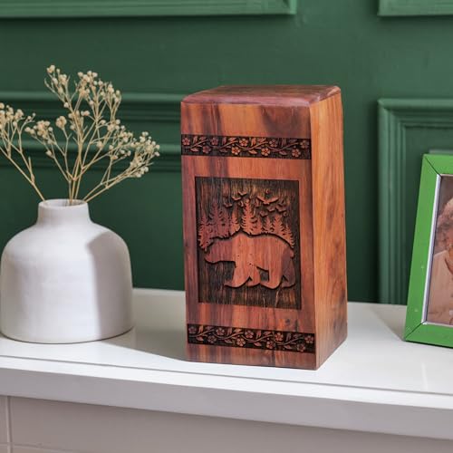 Bear Small Wooden Urn for Male & Female Keepsake Wood Memorial Urn Ashes 5" - size: 5x3INCH