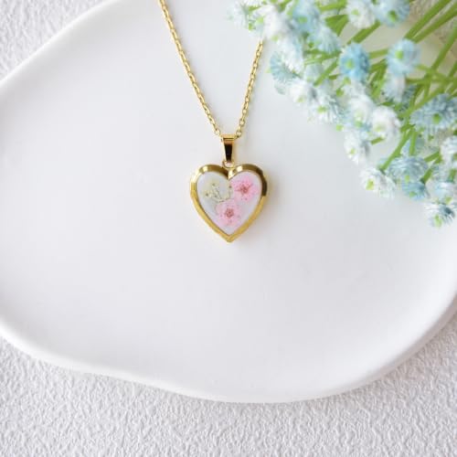 Heart Locket Necklace That Holds Pictures Pressed Flower Photo Locket Pendant Necklace for Girl Women Gift for Her - style: Gold-Pink Forget me not