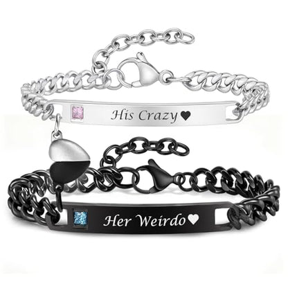 MEALGUET Matching Couple Bracelets for Men Women : His Hers Stainless Steel Cuban Link Chain Bracelets Set for Boyfriend Girlfriend Husband Wife, Romantic Gifts for Valentines Birthday Anniversary - style: Her Weirdo/His Crazy