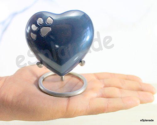 eSplanade Brass Mini Cremation Heart-Shaped Keepsake Memorial Jar Pot Container | Small Urn for Funeral Ashes Burial | Paws Engraved Metal Keepsake with Stand | Dark Blue - 2.75" Inches