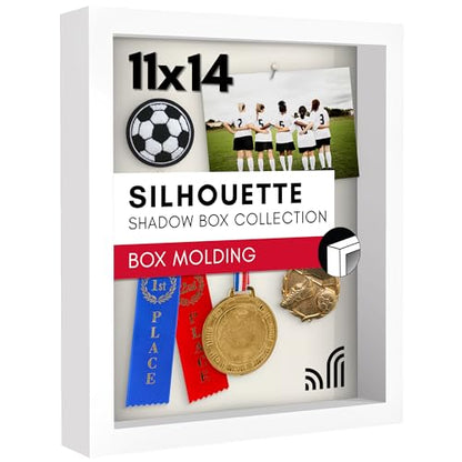 Americanflat 11x14 Shadow Box Frame with Shatter-Resistant Glass - Silhouette Collection - Large Shadow Box Display Case for Tabletop and Wall Display - White with Soft Felt Back | Shatter-resistant glass, 1.5 inch interior depth, hangs vertical or horizo