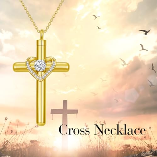 AOBOCO Cross Necklace for Ashes, Sterling Silver Birthstone Cross Urn Necklaces for Ashes Embellished with Crystals from Austria Keepsake Cremation Jewelry for Pet Human Ashes - color: 04-diamond-Apr-18k Gold-Plated