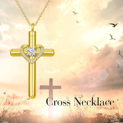 AOBOCO Cross Necklace for Ashes, Sterling Silver Birthstone Cross Urn Necklaces for Ashes Embellished with Crystals from Austria Keepsake Cremation Jewelry for Pet Human Ashes - color: 04-diamond-Apr-18k Gold-Plated