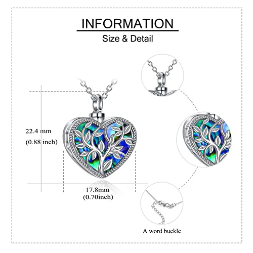 ONEFINITY Cremation Urn Necklace for Ashes Sterling Silver Abalone Shell Tree of Life Locket Necklace That Holds Pictures Heart Cremation Keepsake Memorial Ash Jewelry for Women Men - style: photo locket heart urn necklace