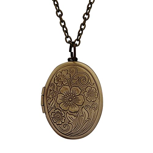 Caiyao Vintage Engraved Flower Empaistic Photo Locket Hold Picture Oval Round Pendant Necklace Antique Carved Pattern Souvenir Memorial Clavicle Jewelry for Women - color: bronze