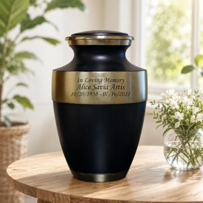 Black and Gold Cremation Urn for Human Ashes, Adult Engraved Memorial Urn