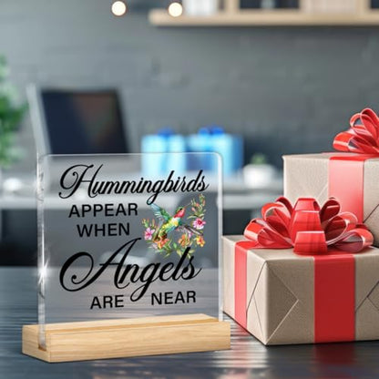 Loss of Loved One Sympathy Gifts, Bereavement Memorial Gifts for Women Men, Hummingbirds Appear When Angels Are Near Acrylic Plaque Sign with Wooden Stand Home Decor0605