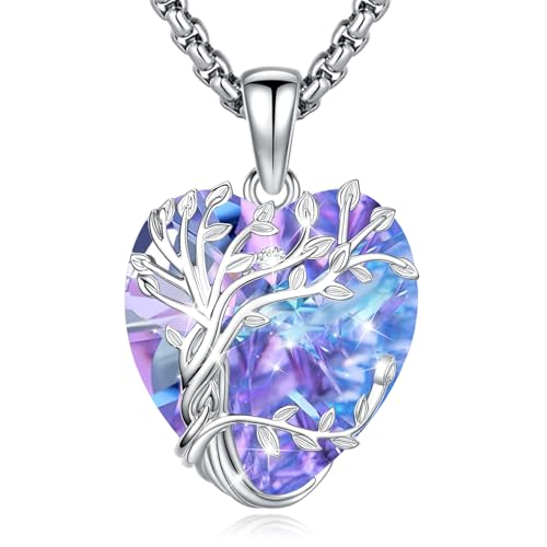 Eusense Tree of Life Necklace for Women Men Sterling Silver 925 Tree Urn Locket Cremation Jewelry Family Tree Pendant Gifts for Her Him Mom Dad Grandma Daughter - style: E-G-Tree of Life Necklace 02-Amethyst