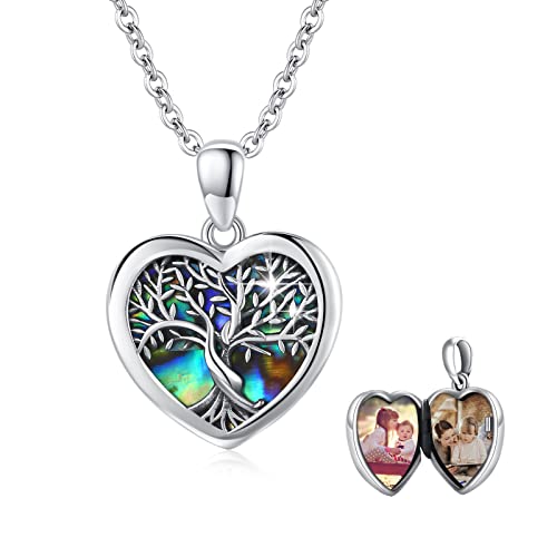 Tree of Life Locket Necklace That Hold Pictures Sterling Silver with Abalone Shell Family Tree Pendant Necklace Memorial Photo Heart Necklace Jewelry Xmas Gifts for Women - style: tree of life 1