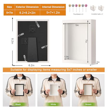 5x7 Small Shadow Box Frame with Ultra-Clear Glass & Soft Linen Back | With Push Pins and Stand, Deep 1.2" White Shadow Box Display Case – Display on Tabletop or Wall for Photo, Flower, Keepsakes - color: White+high Definition Panel + Shatter-proof Packagi