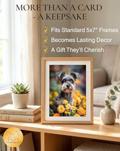 Schnauzer with Yellow Flowers All Occasions Greeting Card from Unique Dogs Party Delights Collection Large 5x7 Inch Blank Inside with Envelope | 5x7 Inch Card, Blank Inside, Premium Silk Cardstock, Made in USA by USA-Based Pet Friendly Small Business, by