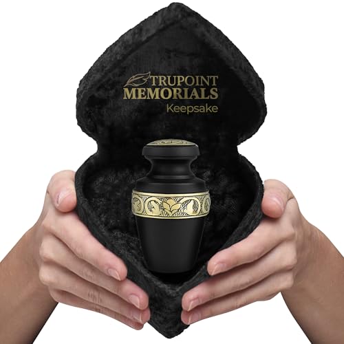 Trupoint Memorials Small Urns for Human Ashes Keepsake, Decorative Mini Cremation Urn for Adult Men and Women, Small Grecian Black with Velvet Heart Box - color: Black Gold Lining