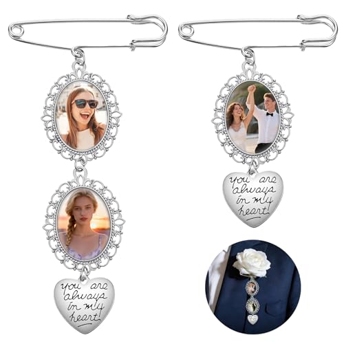 TIESOME 2 Pcs Bouquet Photo Charm, Wedding Memorial Pins DIY Kit | Oval Glass Cabochons with Lacy Frame and Heart Pendant, Keepsake for Bride, Funeral or Memory Bouquet (2 Styles)